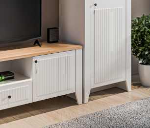 Тумба под телевизор Монтана СБ-3557 Белый Альпийский,Дуб Гамильтон/МДФ Дуб Белый