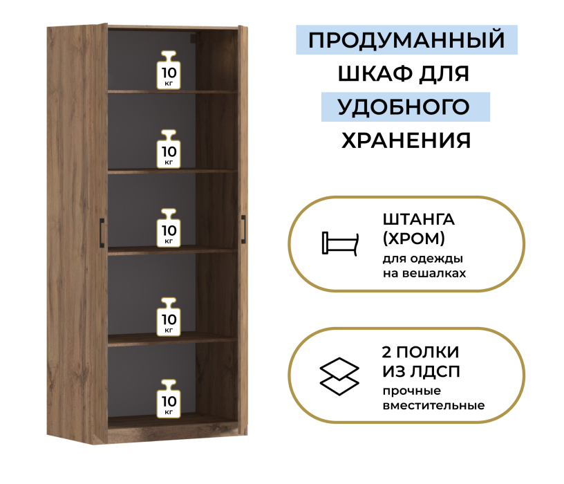 В спальню, Шкаф двухдверный Макс 1000 мм, вариант №2 (ЛДСП, корпус дуб вотан)
