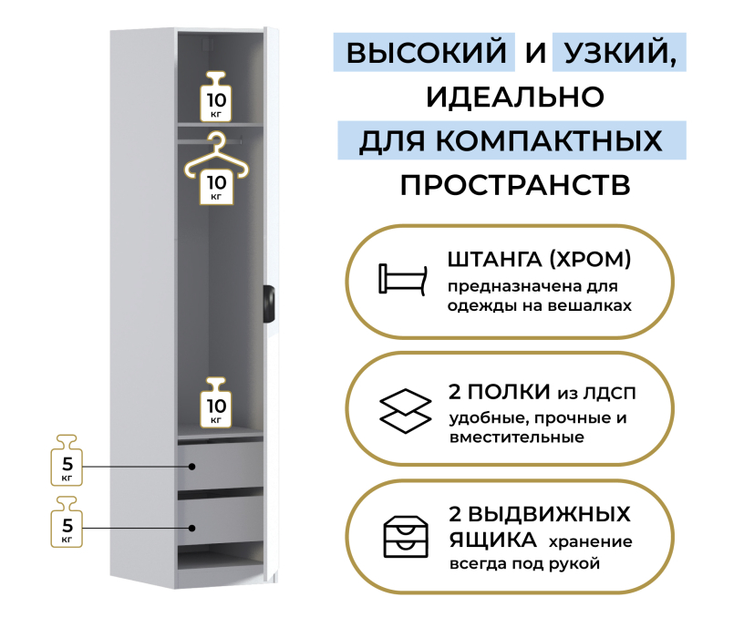 Для одежды, Шкаф однодверный Макс 500 мм, вариант №3 (ЛДСП/МДФ)