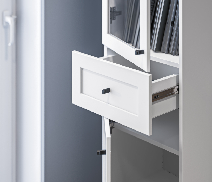 Прямые, Стеллаж Твин СБ-3372 Белый со стеклом и ящиком