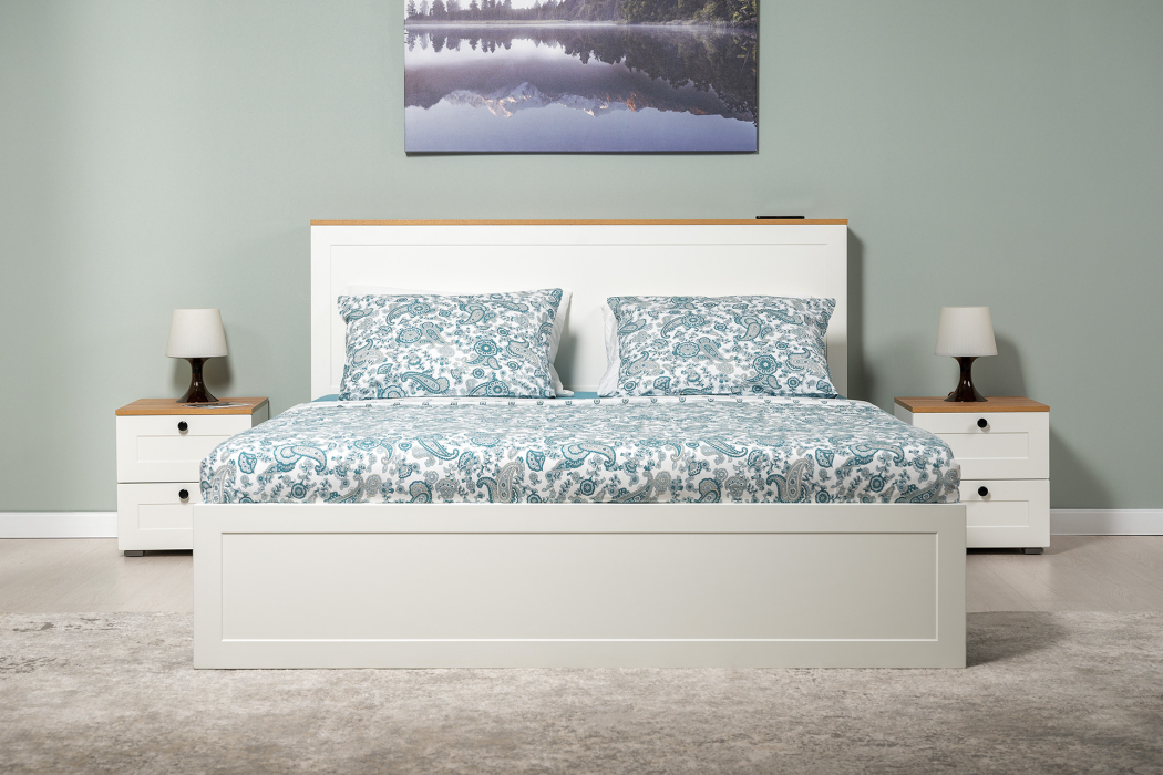 Кровати 160 см, Кровать Остин 11.53, белая шагрень, дуб золотой крафт