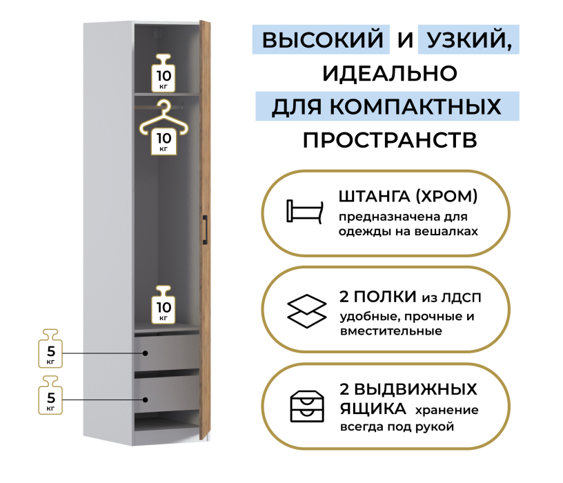 Для одежды, Шкаф однодверный Макс 500 мм, вариант №3 (ЛДСП)